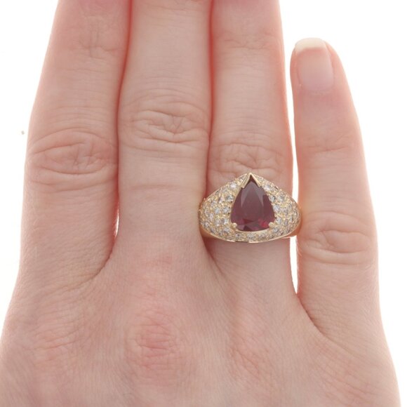 Yellow Gold Ruby & Diamond Ring - 18k Pear 3.72ctw GIA - Picture 2 of 7